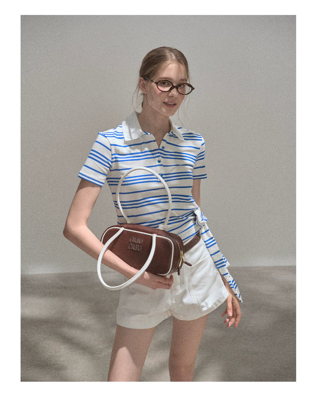 XUJING Waist Front Shoulder Striped Polo Shirt Tee