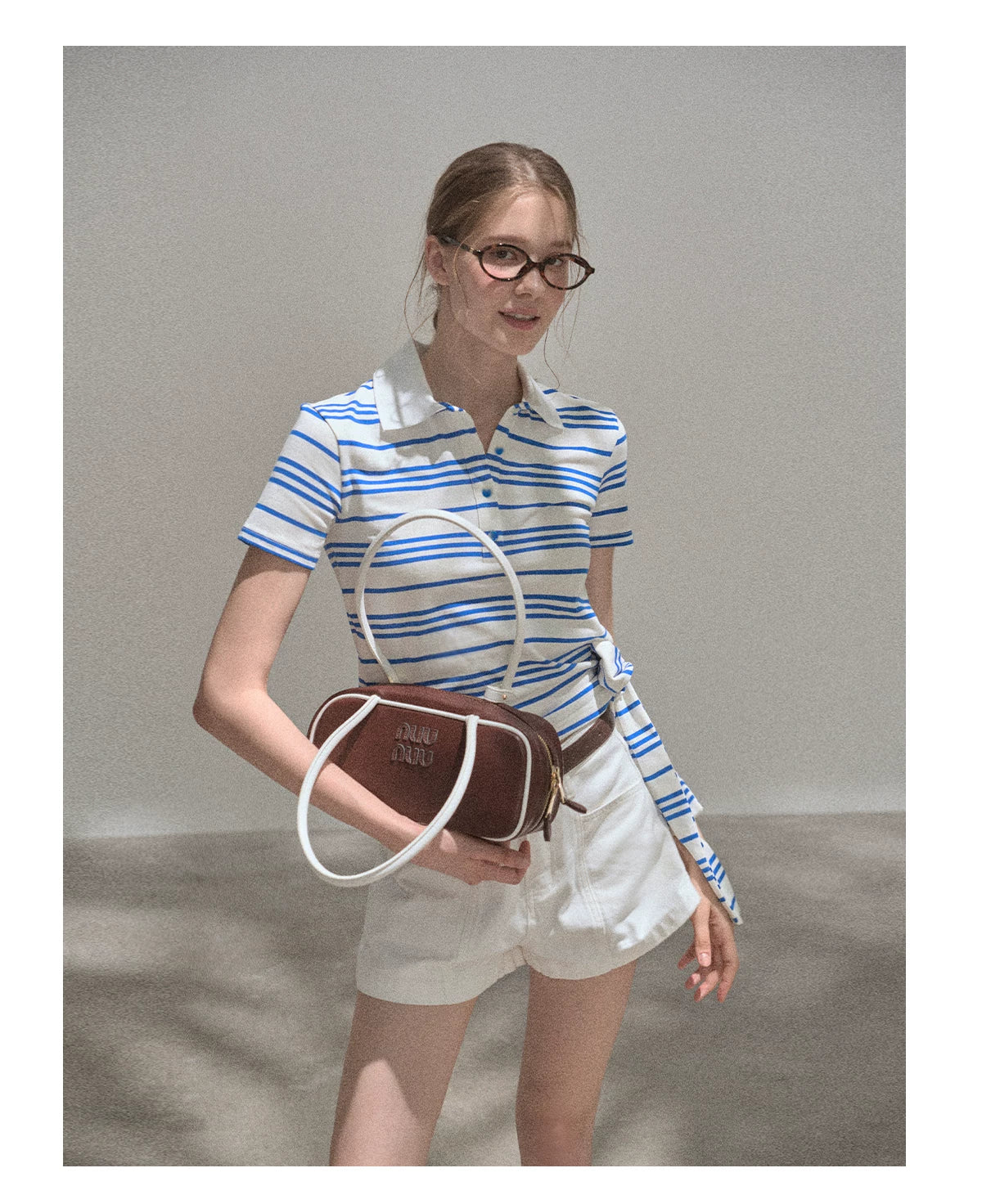 XUJING Waist Front Shoulder Striped Polo Shirt Tee