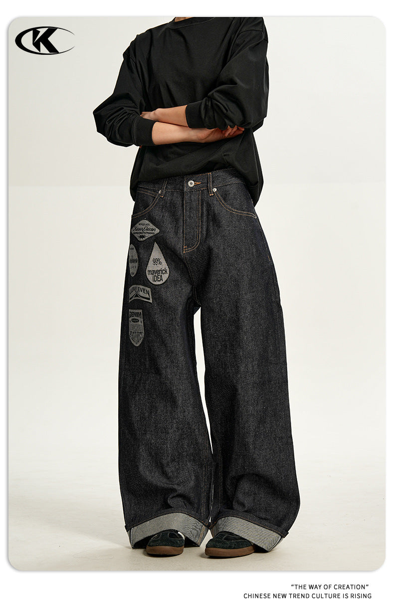 11KN 11 oz Wide-Leg Denim Jeans with Embroidered Patches