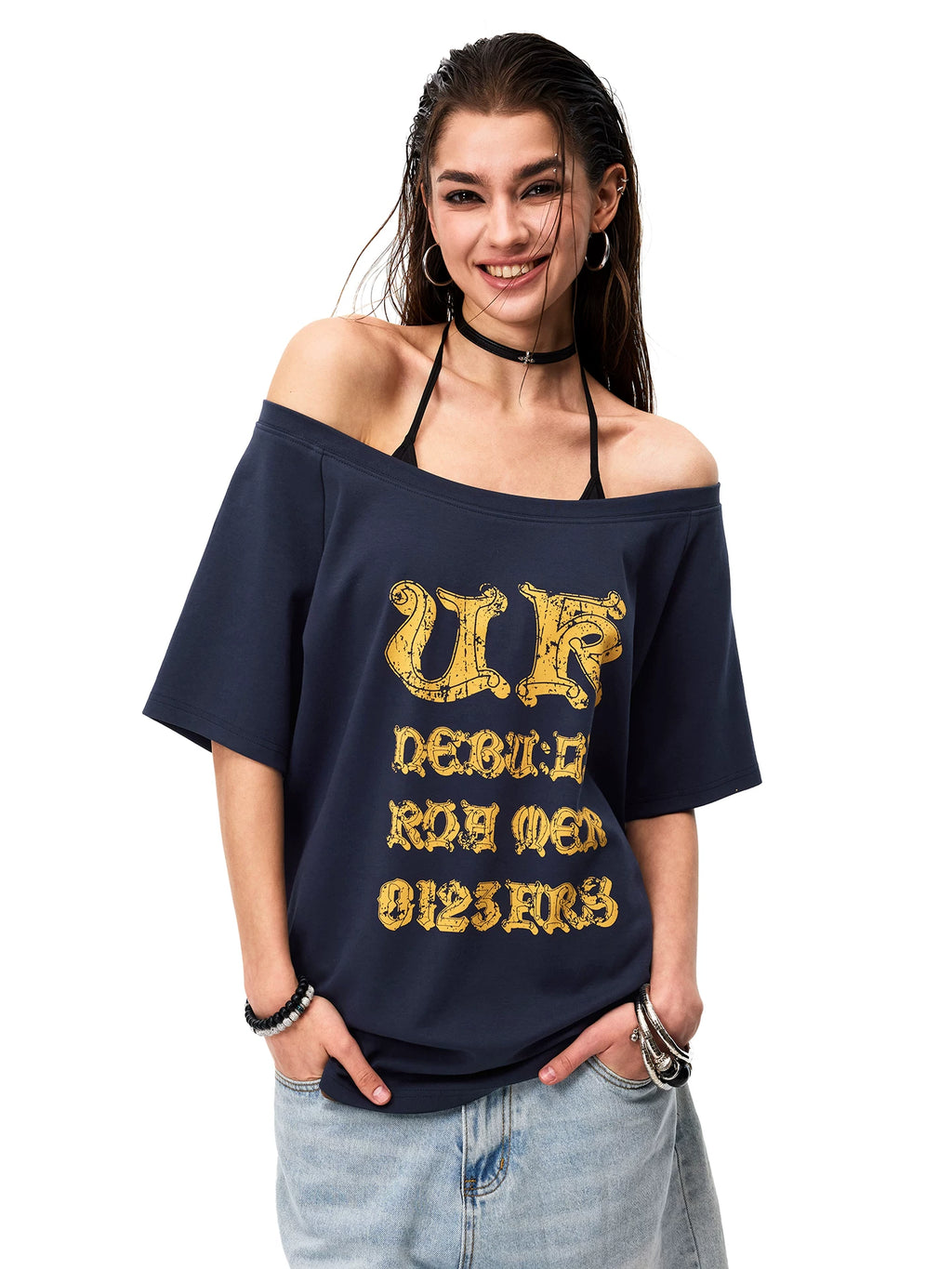 0123Start Diagonal Shoulder Contrasting Loose Tee