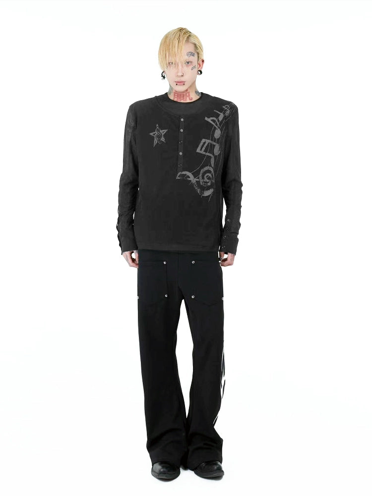 DETW Double-breasted Mesh Yarn Micro-transparent Slim-fit Long-sleeved T