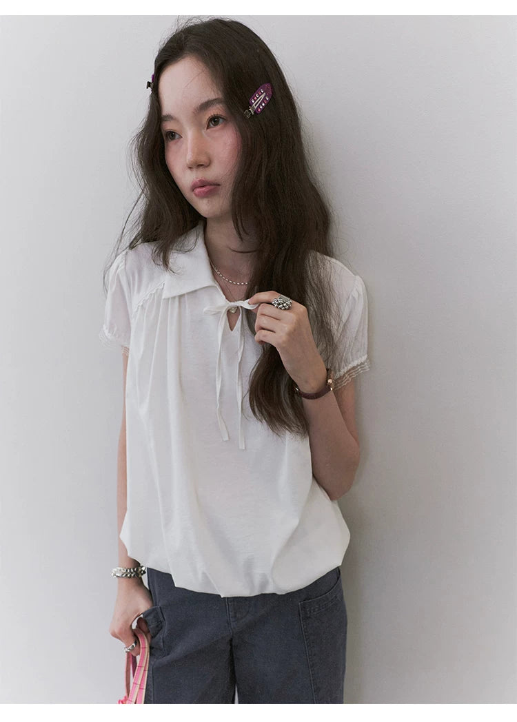 VOOE Lapel Strap Lace Shirt