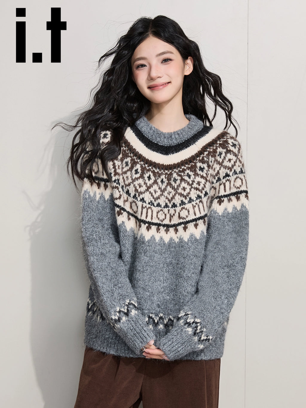 IT: CHOCOOLATE Jacquard Crew Neck Pullover Vintage Loose Wool Knitted Sweater