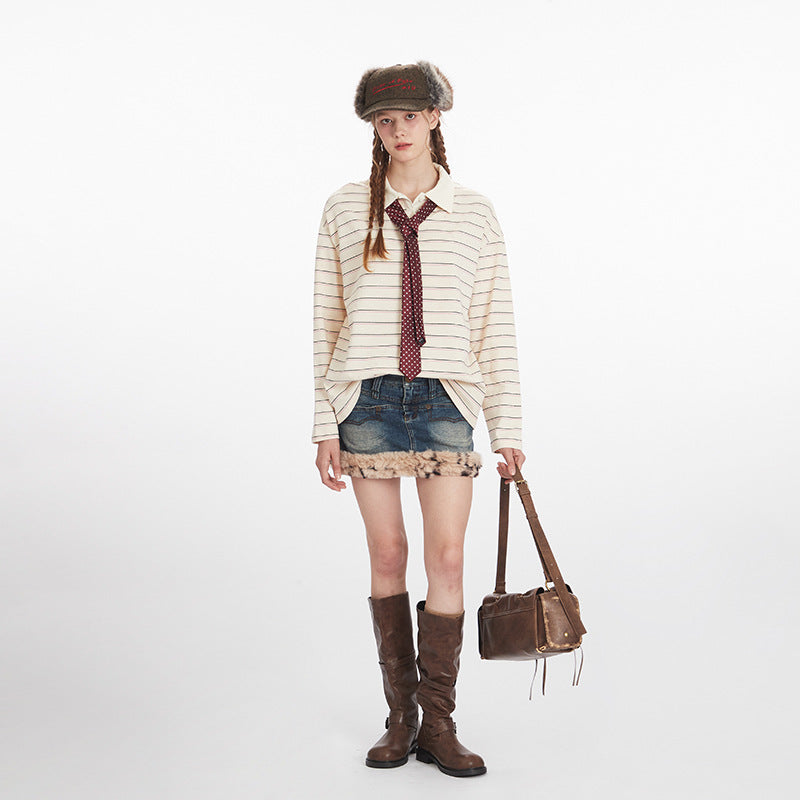 Nariele Hot Diamond Striped Loose Long Sleeve Polo Shirt