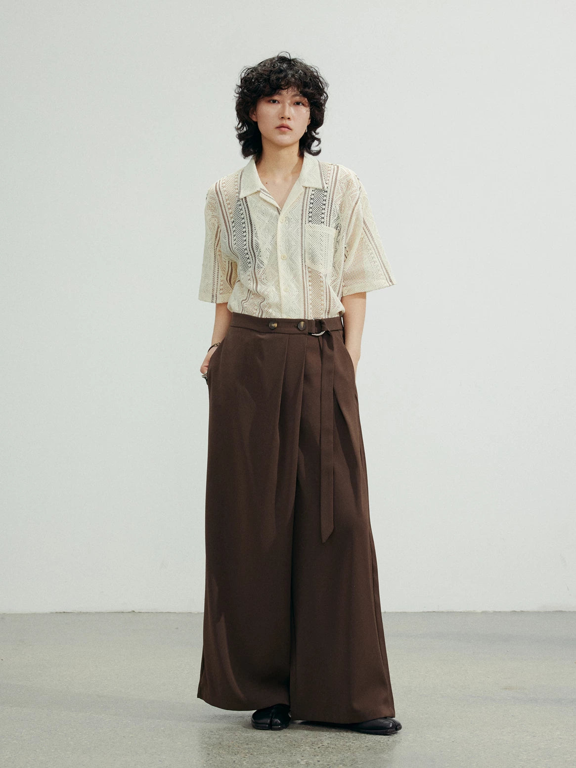 SUNYVONNE Hollow-out Sheer Casual Short-sleeve Shirt