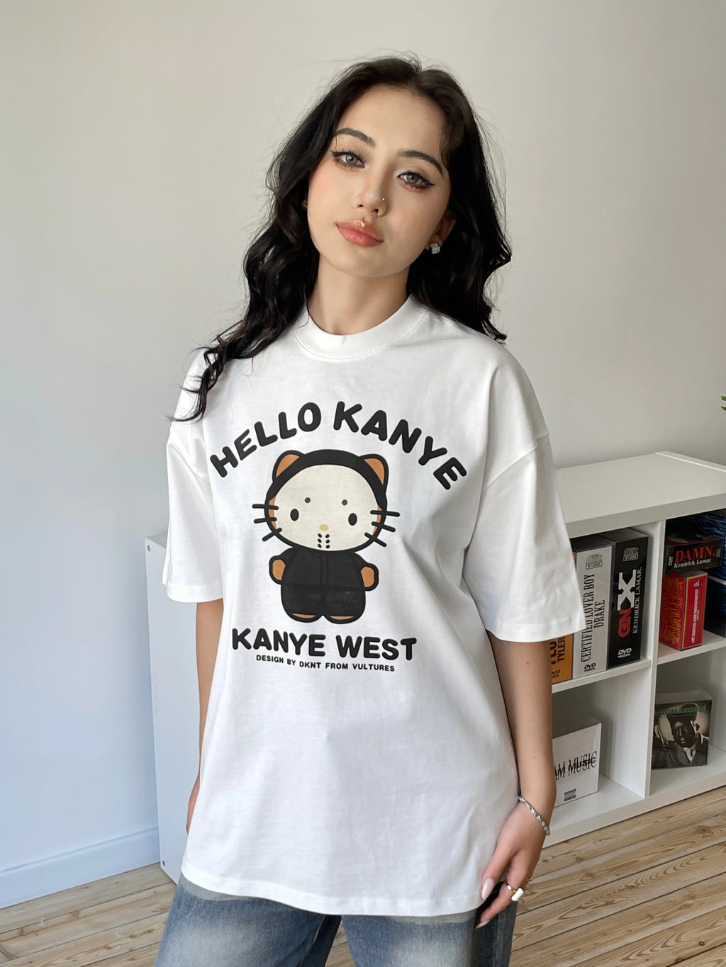 DKNT Kitty Print Crew Neck Loose Casual Tee