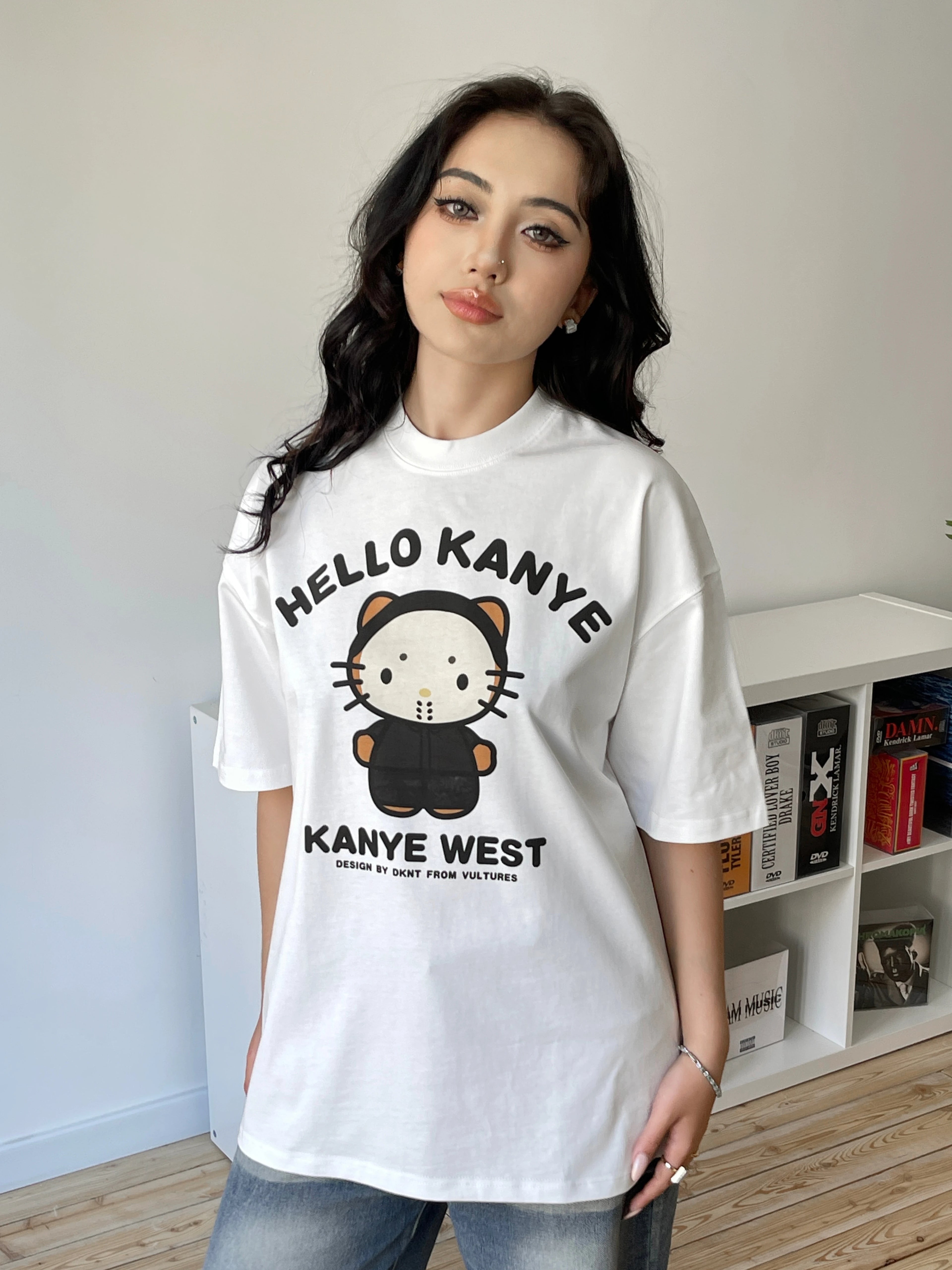 DKNT Kitty Print Crew Neck Loose Casual Tee