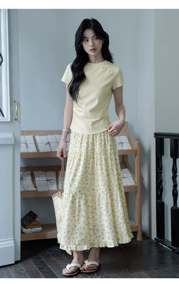 XUJING Pleated Front Shoulder Slim and Thin Tee
