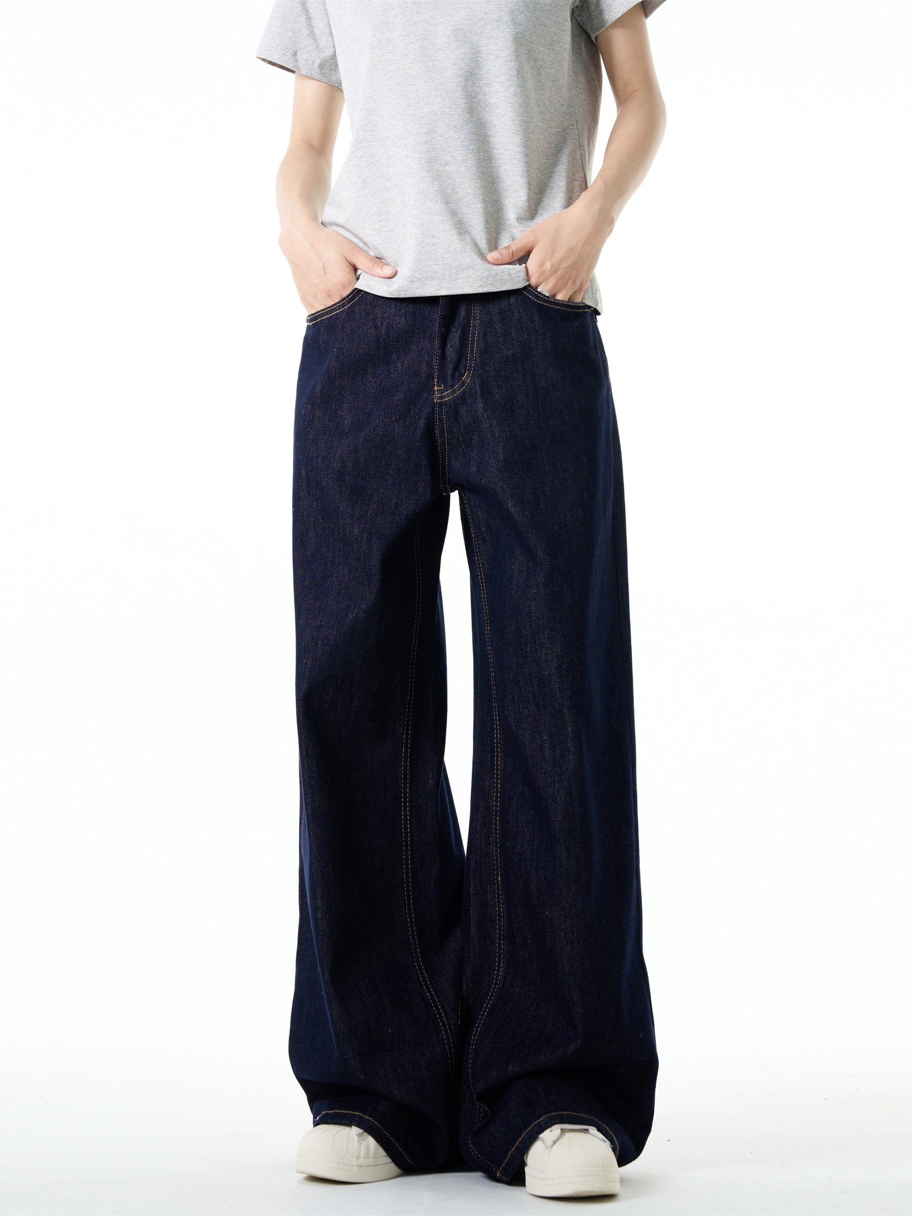 FLYOFF Straight Wide Leg Dark Blue Jeans