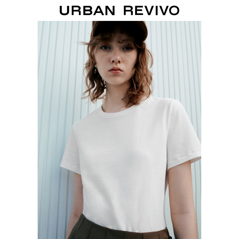 URBAN REVIVO Simple Basic Solid Color Cotton Round Neck Tee