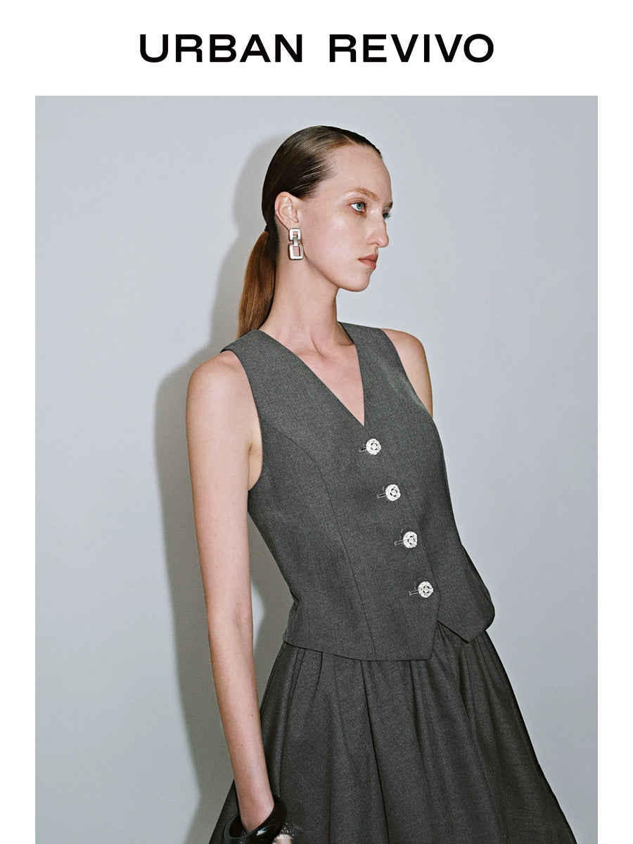 URBAN REVIVO Gray Metal Buckle V-neck Sleeveless Dress