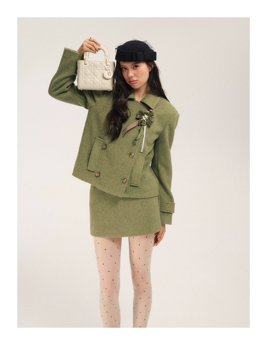 SASSY MOODY Retro Double-breasted Woolen Jacket A-shaped Skirt Set