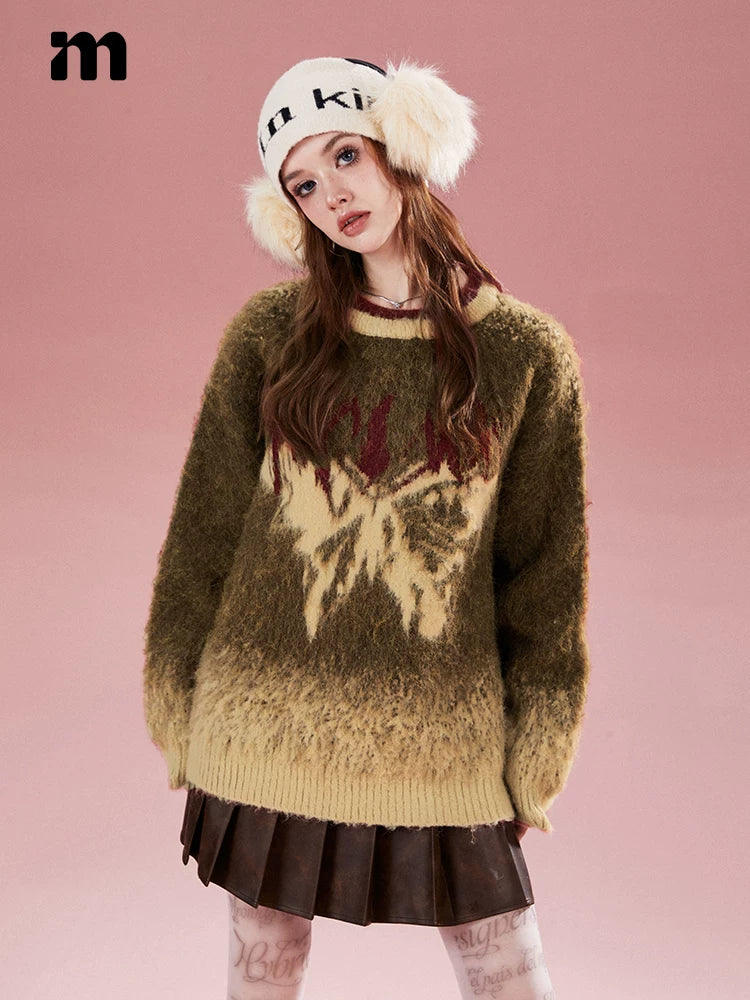 Imone Retro Gradual Change Splash Ink Butterfly Jacquard Sweater