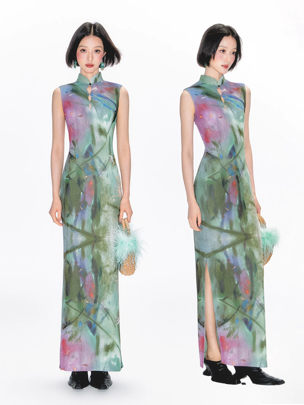 YEDM Hollow Cheongsam Print Dress