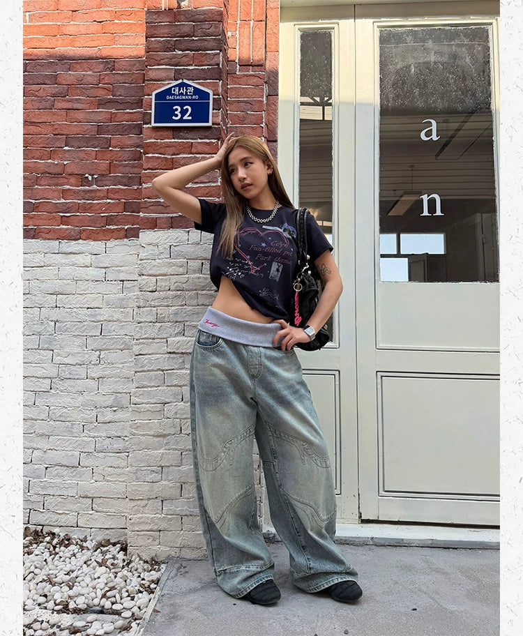CCYE Fake Two-piece Spliced Waist Wide-leg Jeans