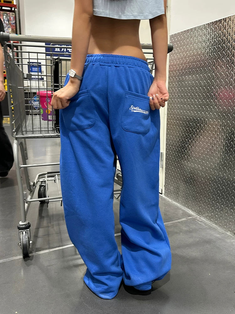 EAHO Vintage Alphabet Embroidered Drawstring Wide Leg Sweatpants
