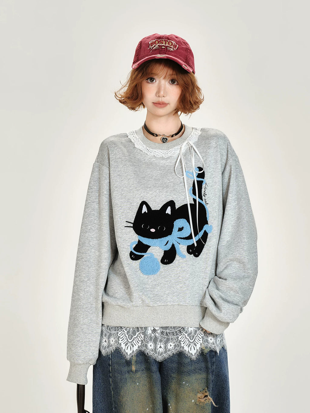 Girlyhalo Retro Hem Lace Pullover Round Neck Sweatshirt