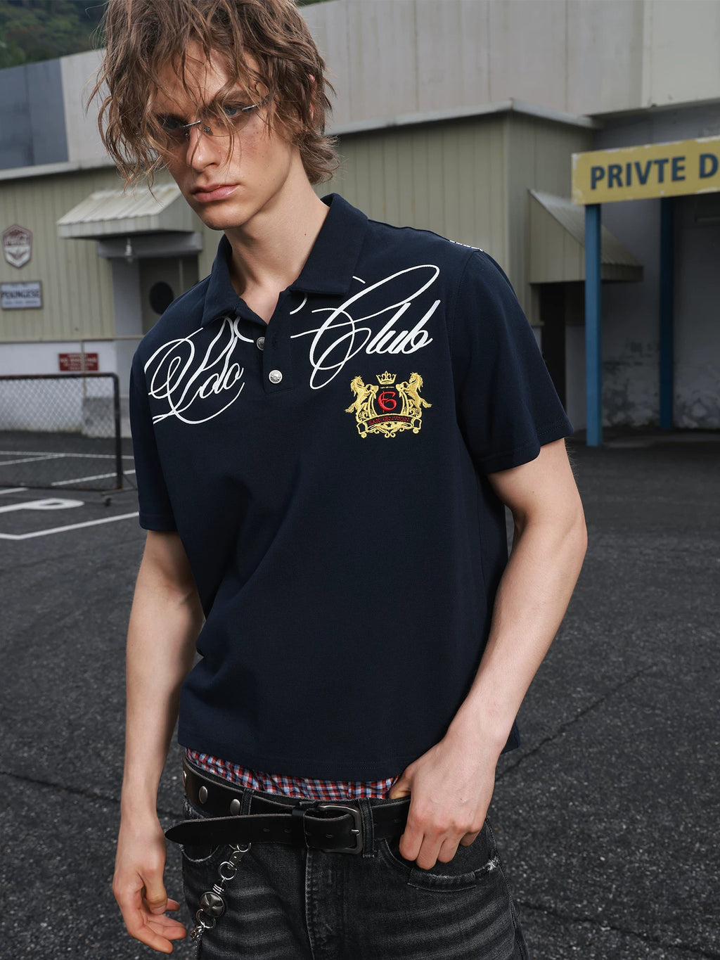SAXGENWON Vintage Embroidery Front Shoulder Polo Tee