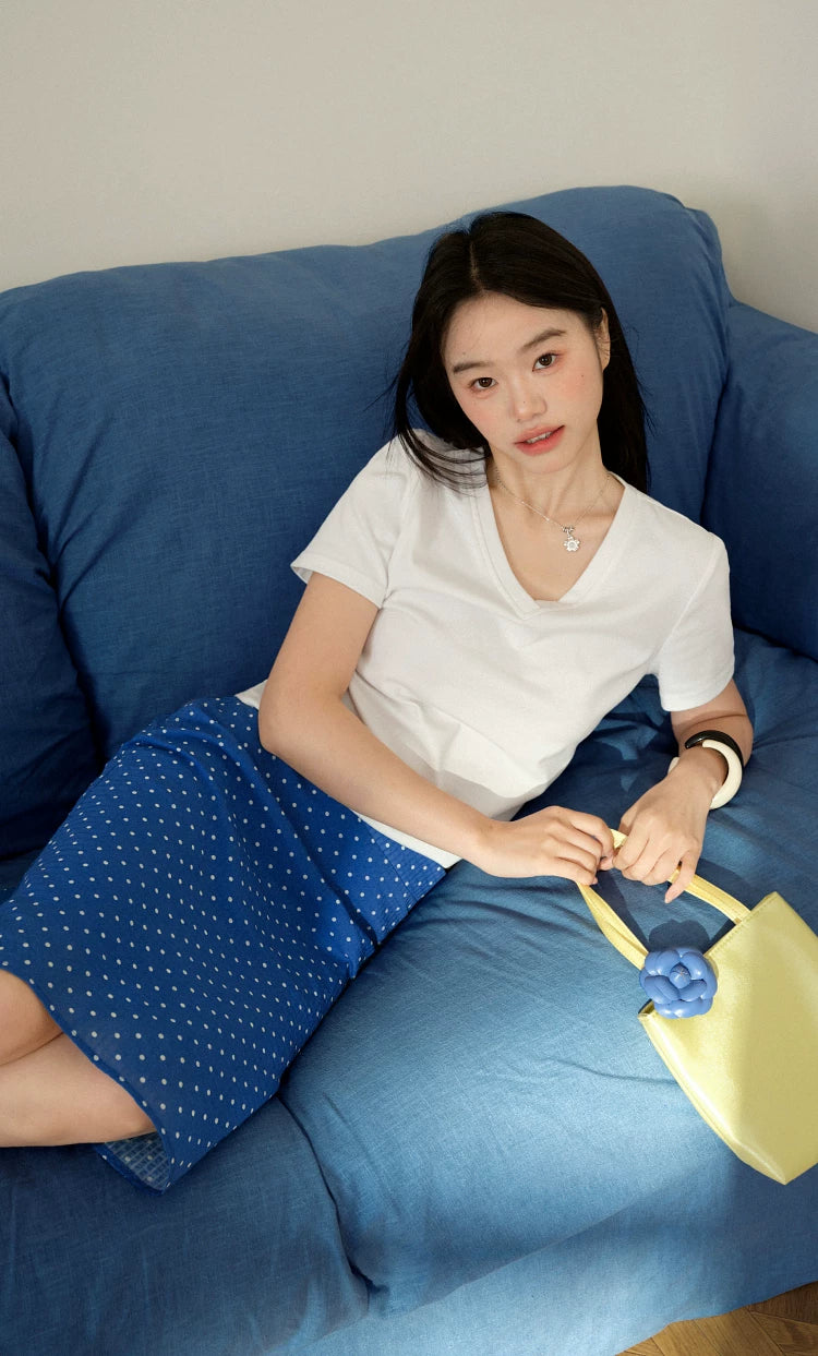 Kuose Crew Neck Embroidered Short Knitted Tee