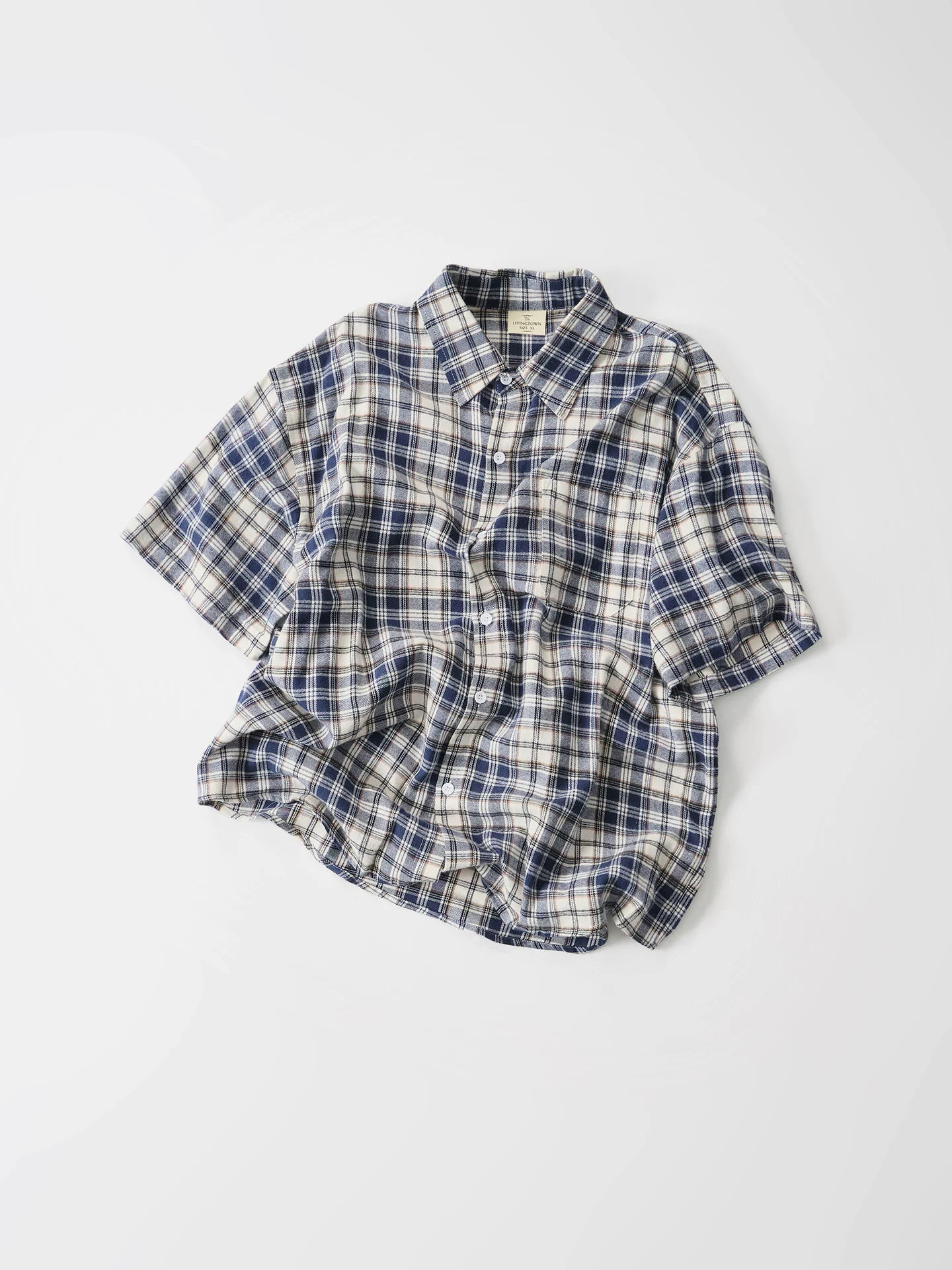 LIVINGTOWN Simple and Versatile Color-blocked Plaid Short-sleeve Shirt