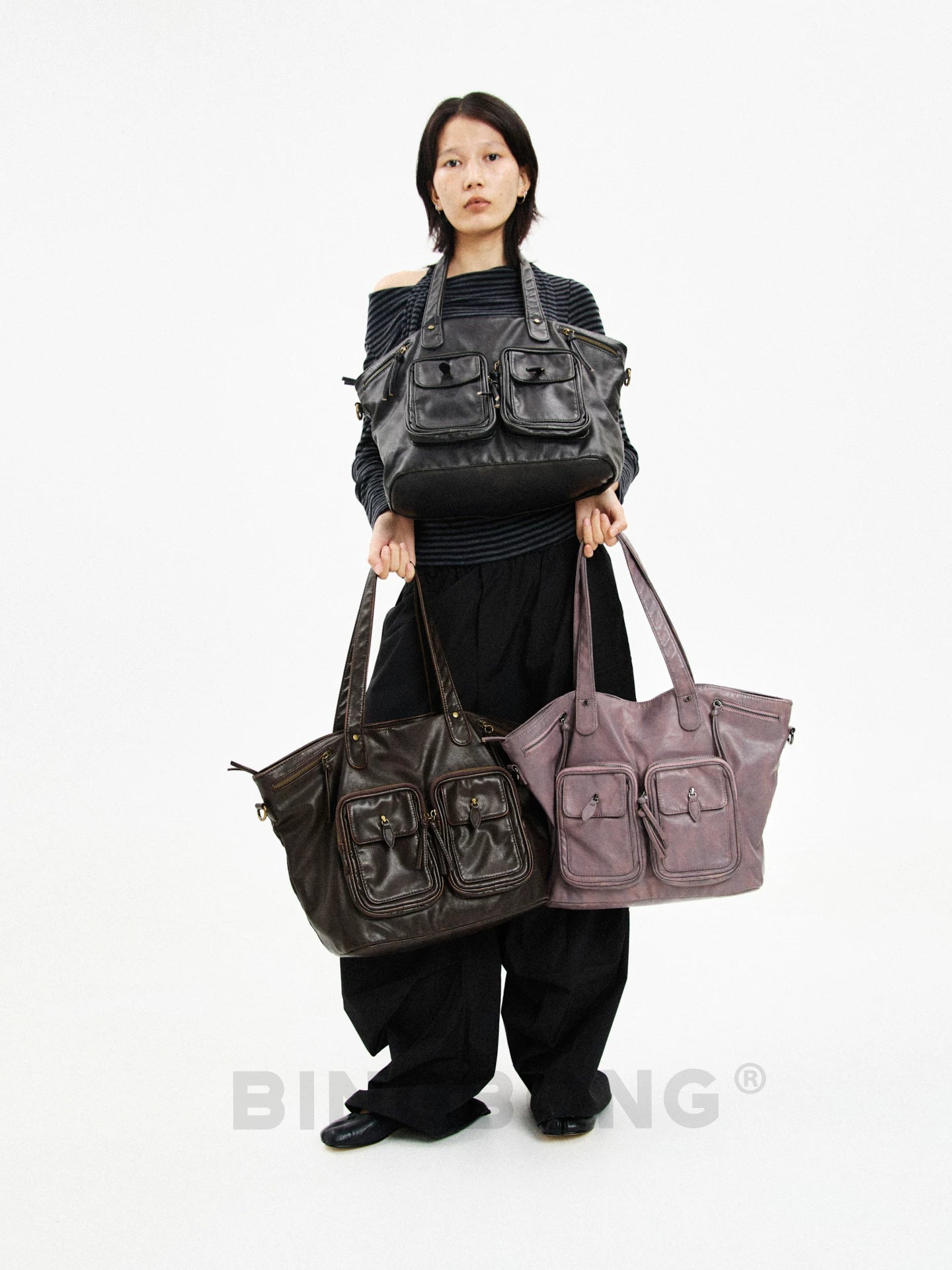 BINGBONG Multi-pocket Retro Large-capacity Tote Bag