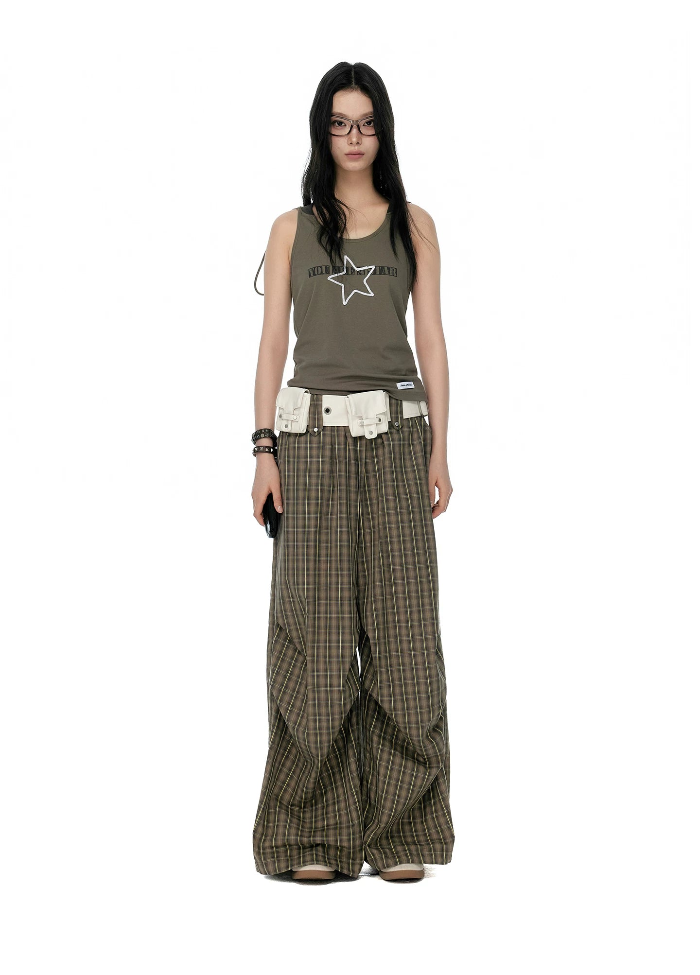 JIKOO Plaid Elastic Waist Drawstring Pleated Trousers