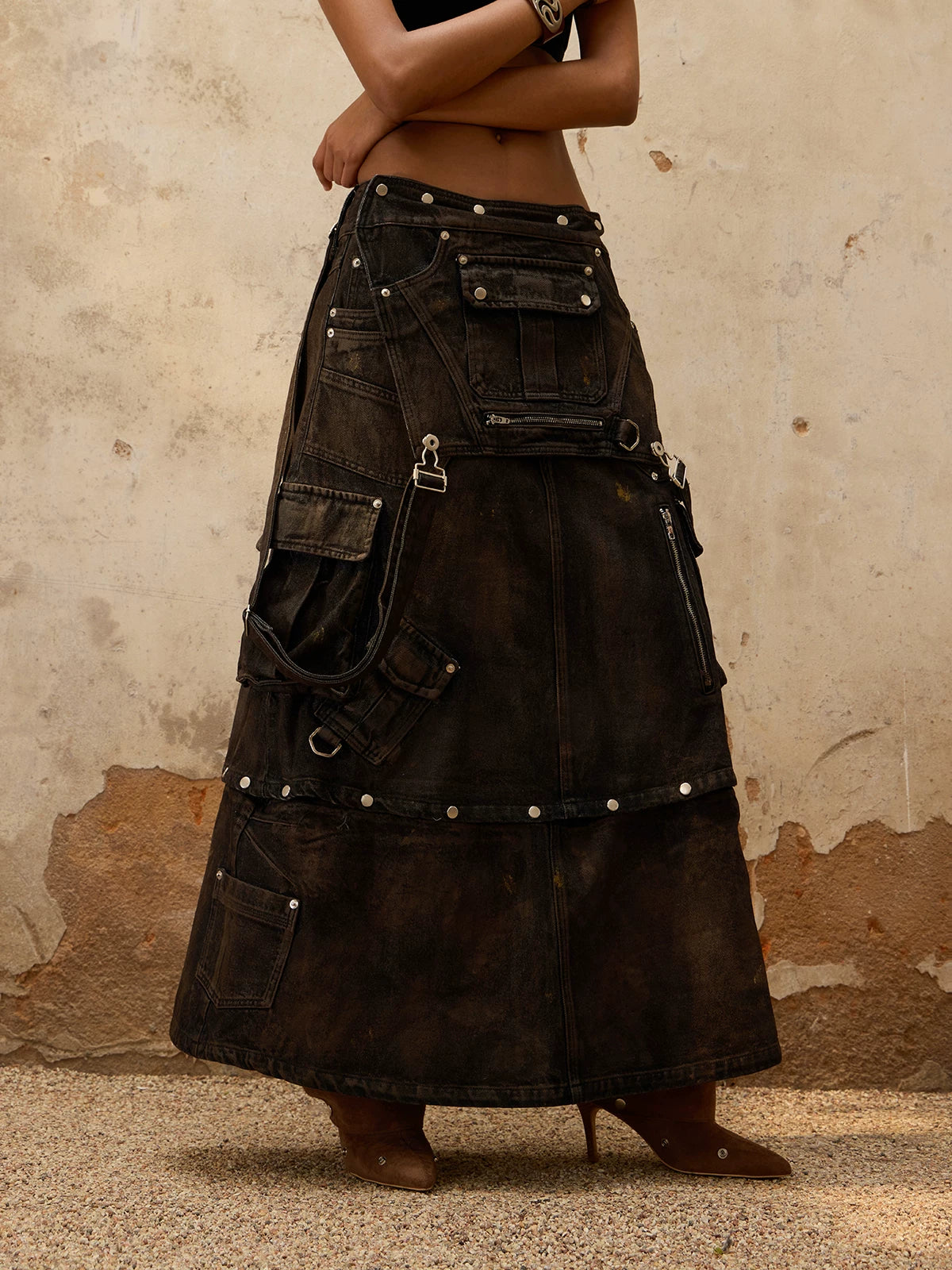 PERSONSOUL Vintage Denim Strap Skirt