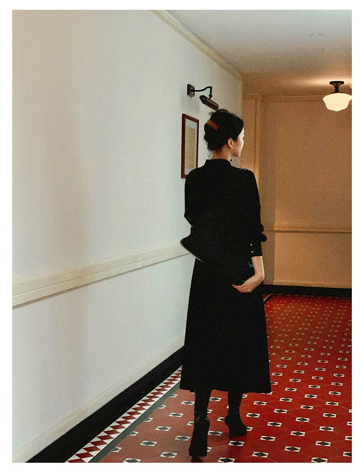 KELIFAN Retro Stand-up Neck Long-sleeved Dress
