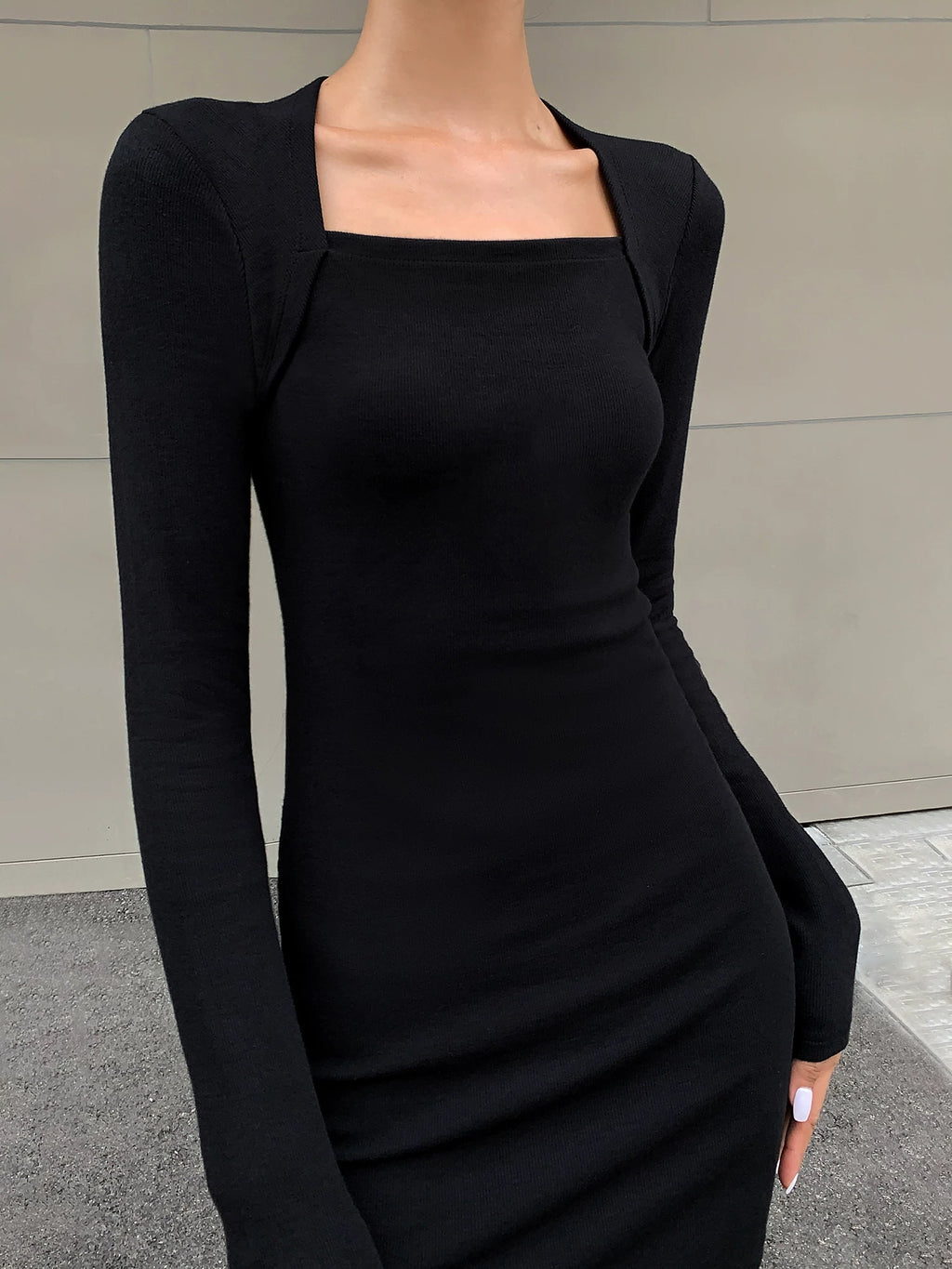 OUSPH Vintage Square Neck Knitted Dress