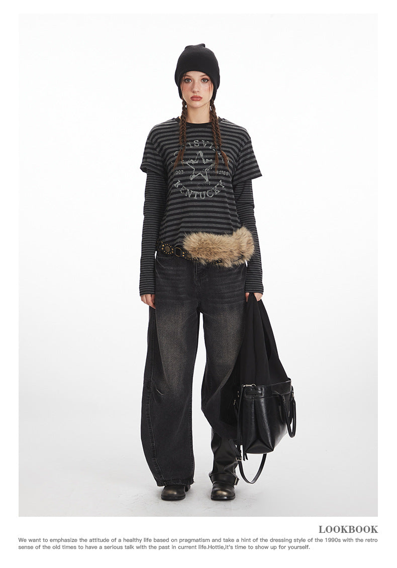 Nariele Vintage Striped Fake Two Piece Short Long Sleeve