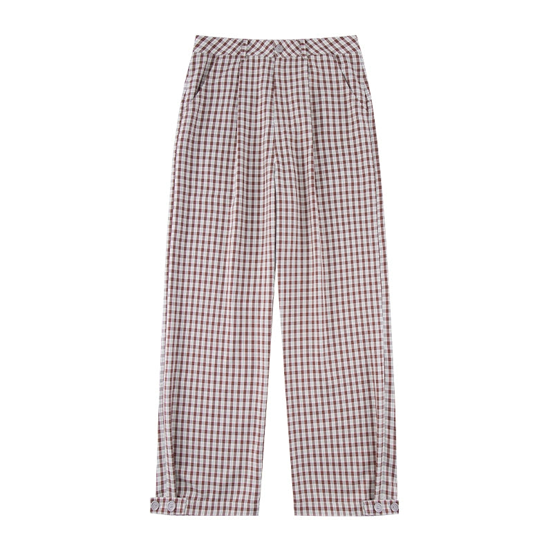 NICEBAD Flower-embroidered Plaid Trousers