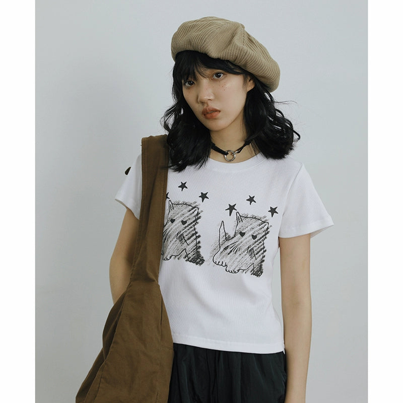 STILLYOU Kitten Print Slim Short Knitted Tee
