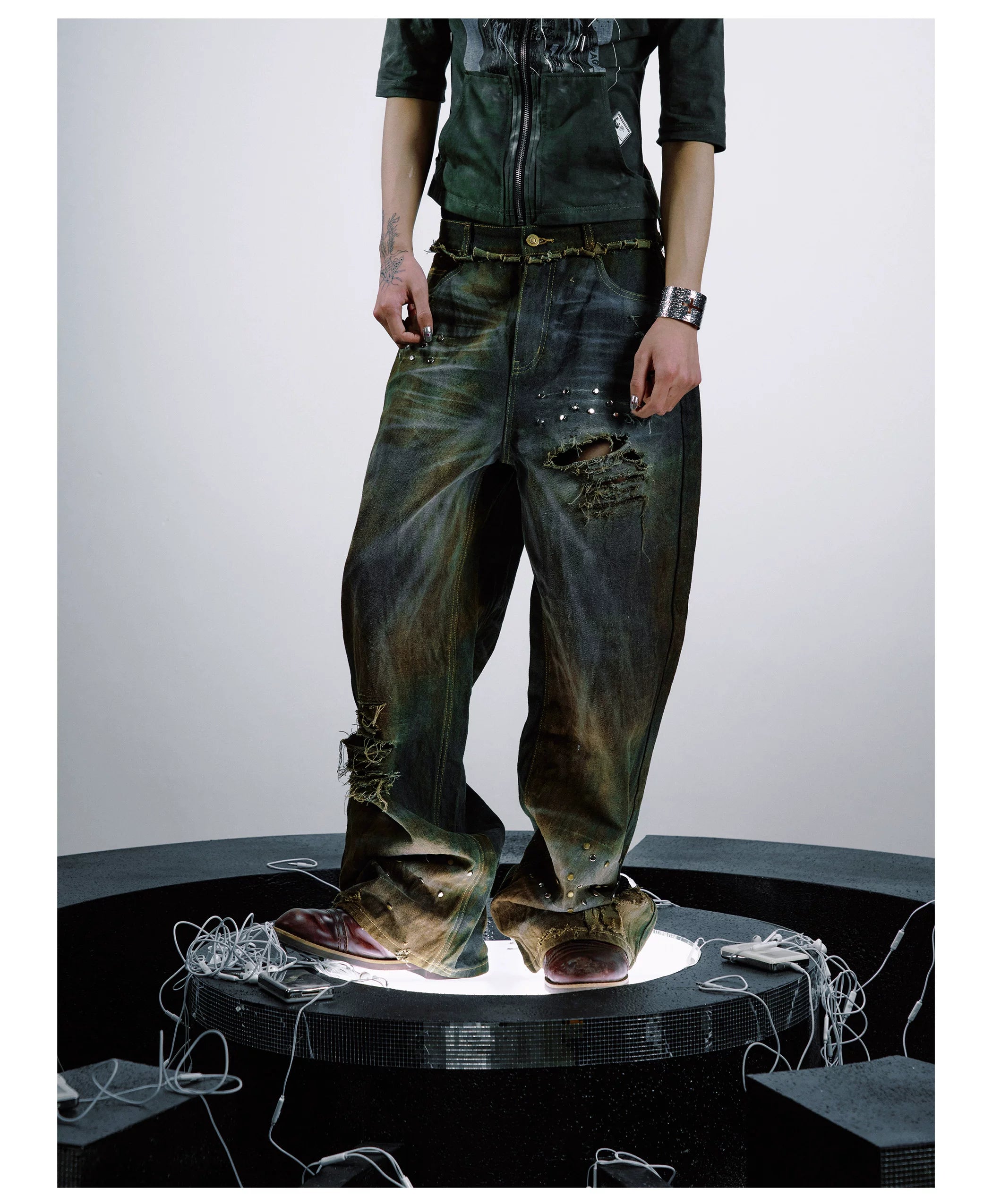 PAIKI Ripped Burr Straight Loose Jeans