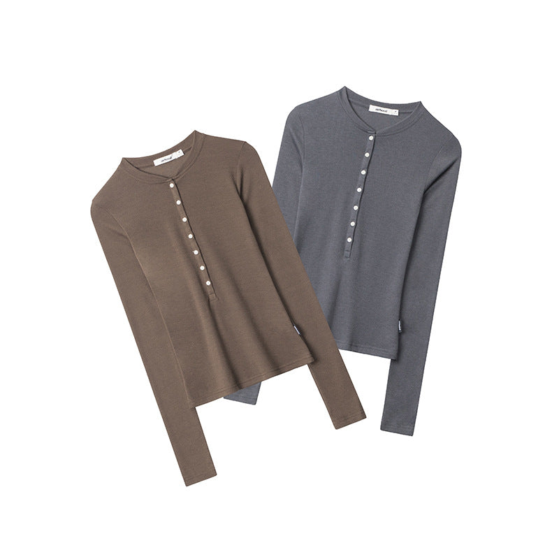Nariele Button Design Slim Fit Crew Neck Long Sleeve