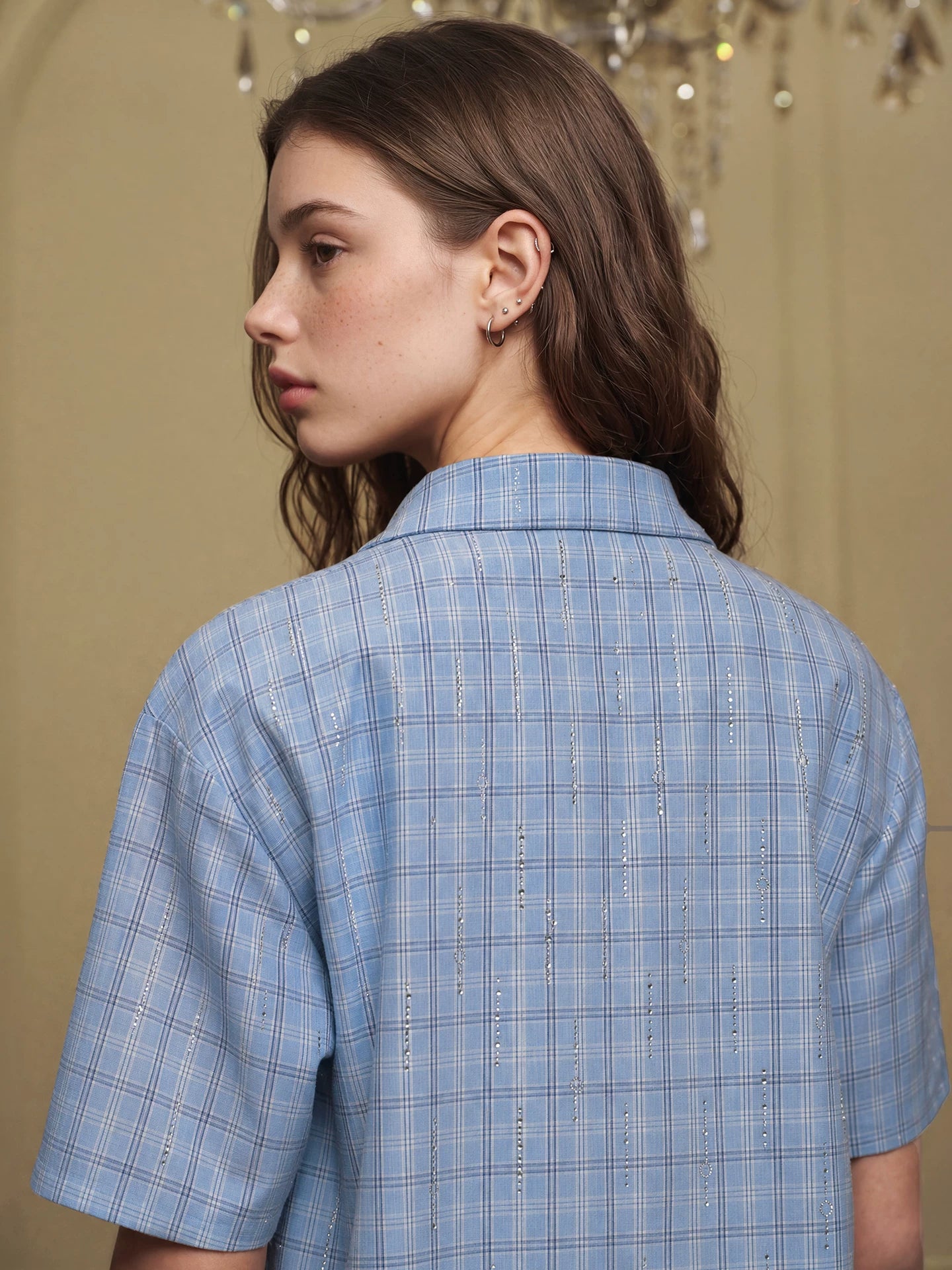 YADcrew Hot Diamond Plaid Light Luxury Short Sleeve Shirt