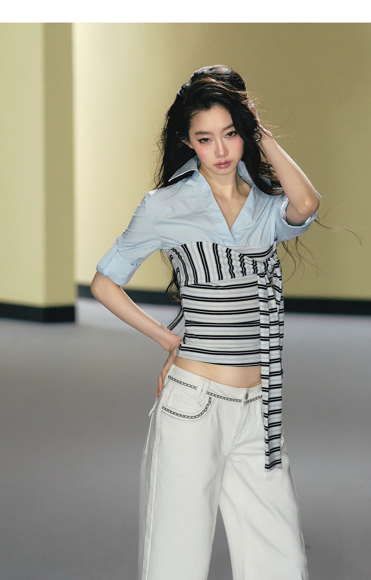 AGAM Fake Two-piece Stitched Striped Contrasting Strap Shirt