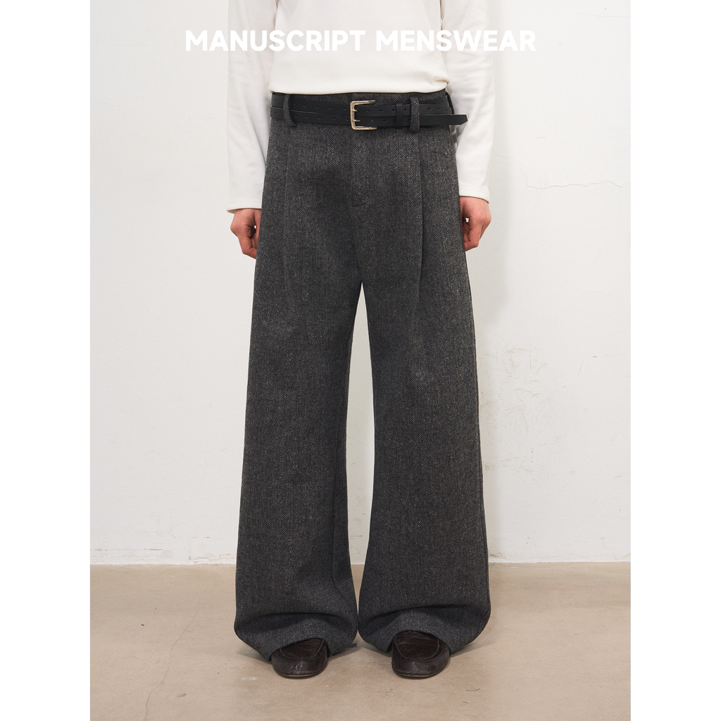 MANUSCRIPT Herringbone Straight Casual Woolen Trousers