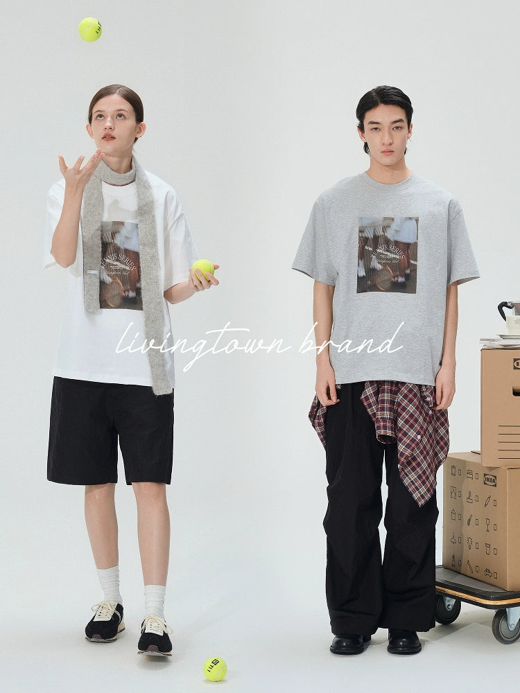 LIVINGTOWN Retro Tennis Theme Print Versatile tee