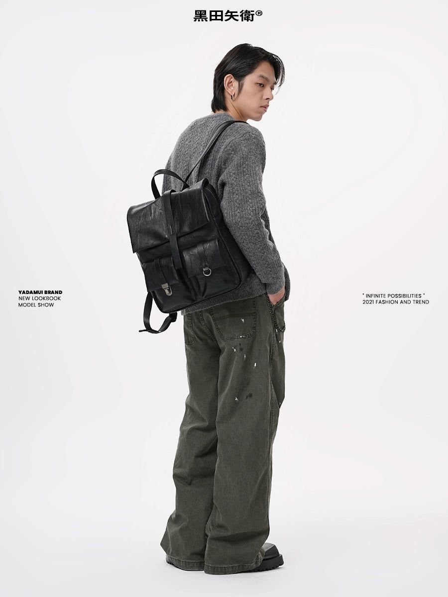 YADAMUI Vintage Pleated Backpack Commuter Leather High-end Large-capacity Schoolbag