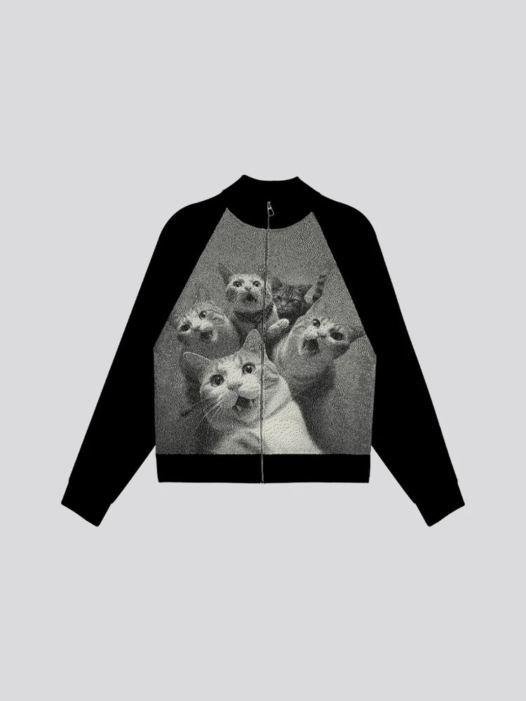 MoodLikeMe Cat Jacquard Ragged Lapel Cardigan Sweater