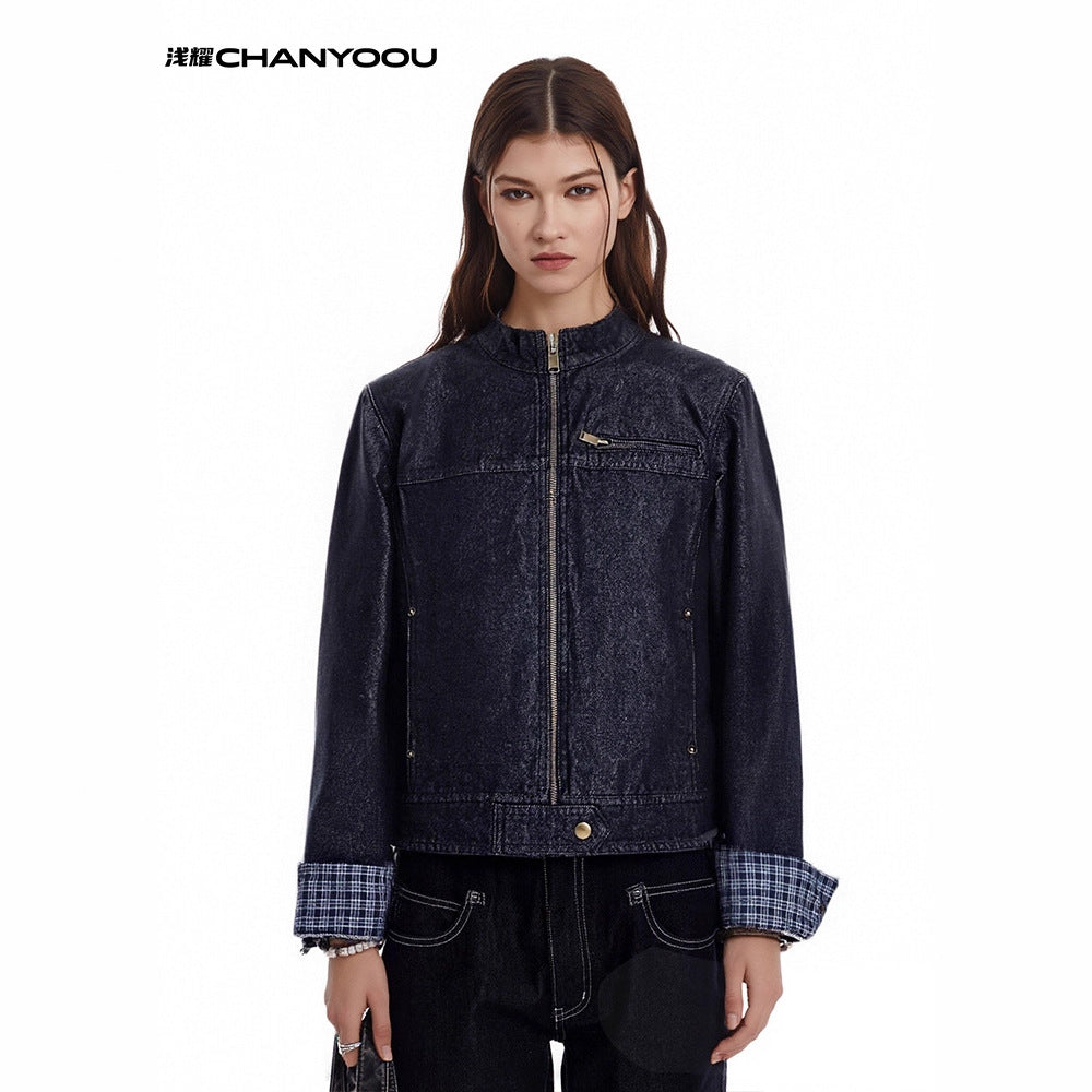 CHANYOOU Retro Stand-up Collar Contrasting Color Splicing Tooling Jacket