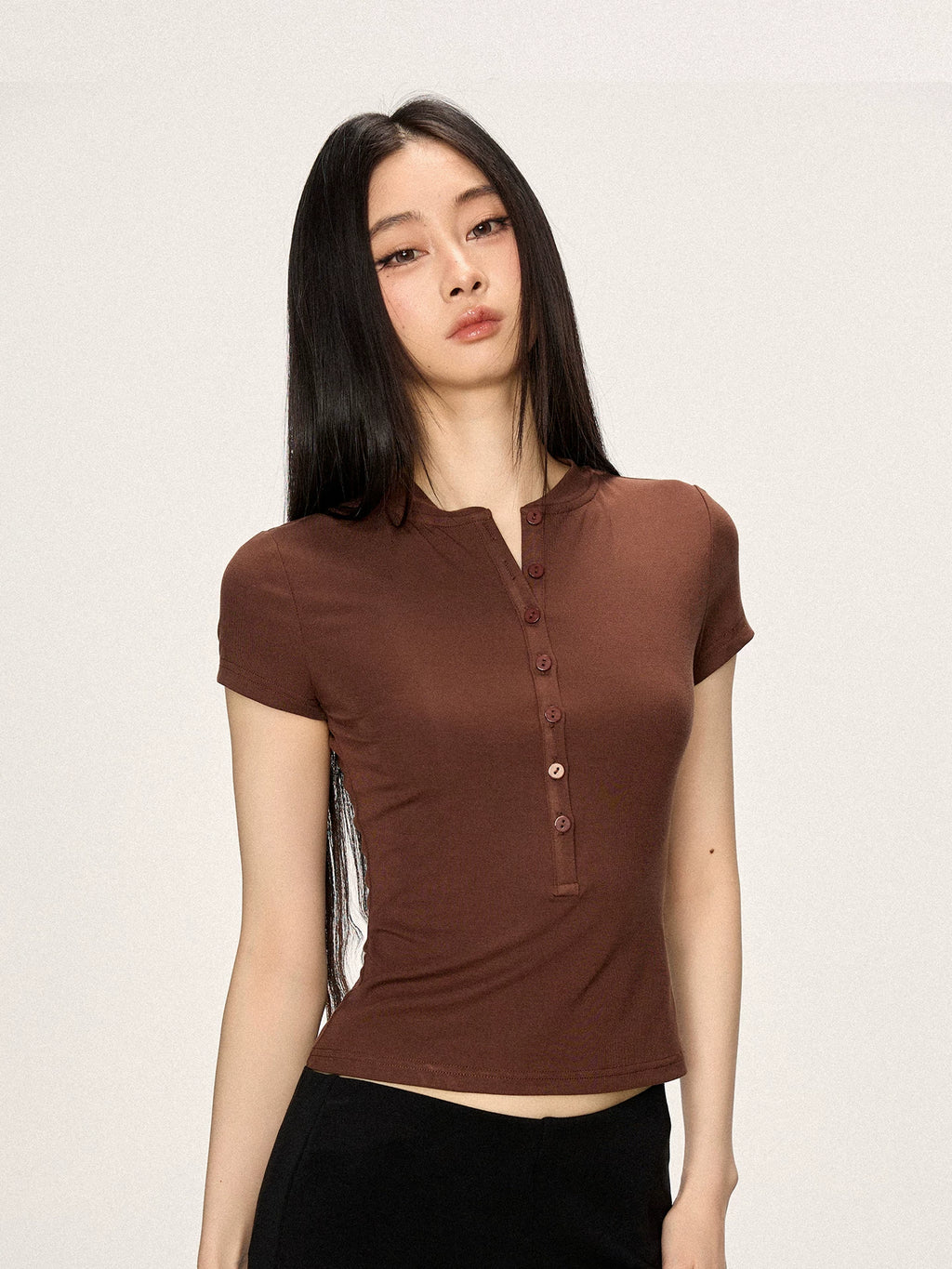Cherry Melody Henry Collar Shoulder Crew Neck Slim Tee