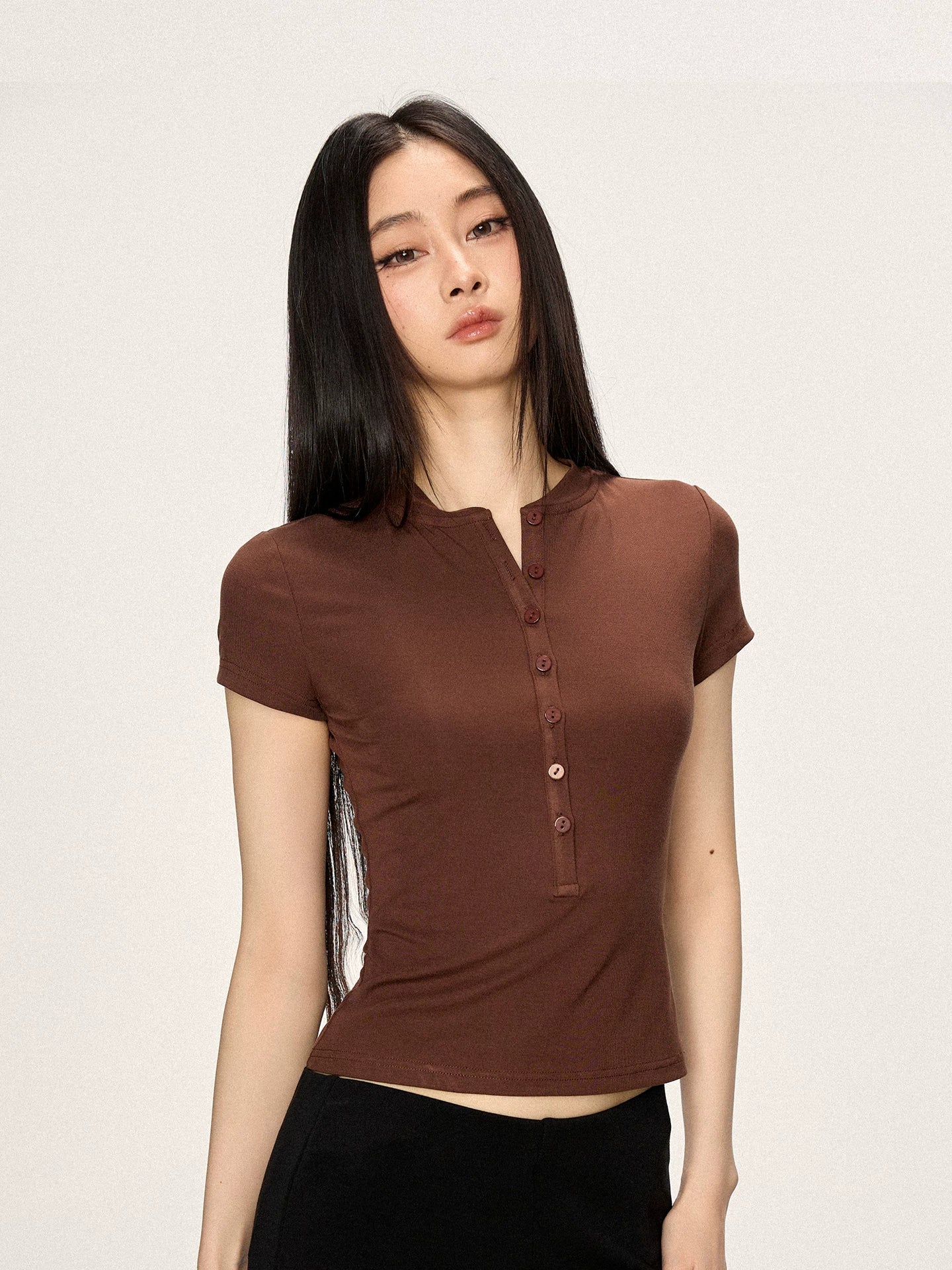 Cherry Melody Henry Collar Shoulder Crew Neck Slim Tee