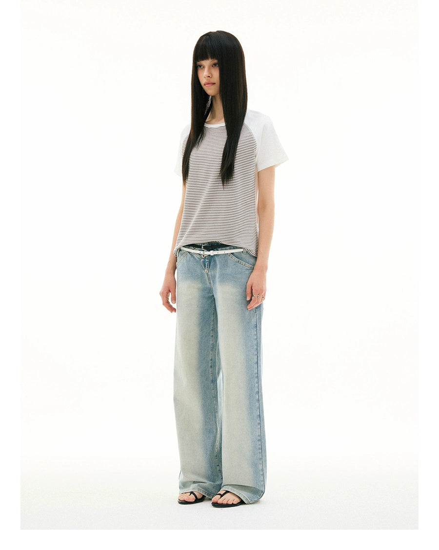 FUNKYFUN Pinstripe Contrasting Patchwork Shoulder Tee