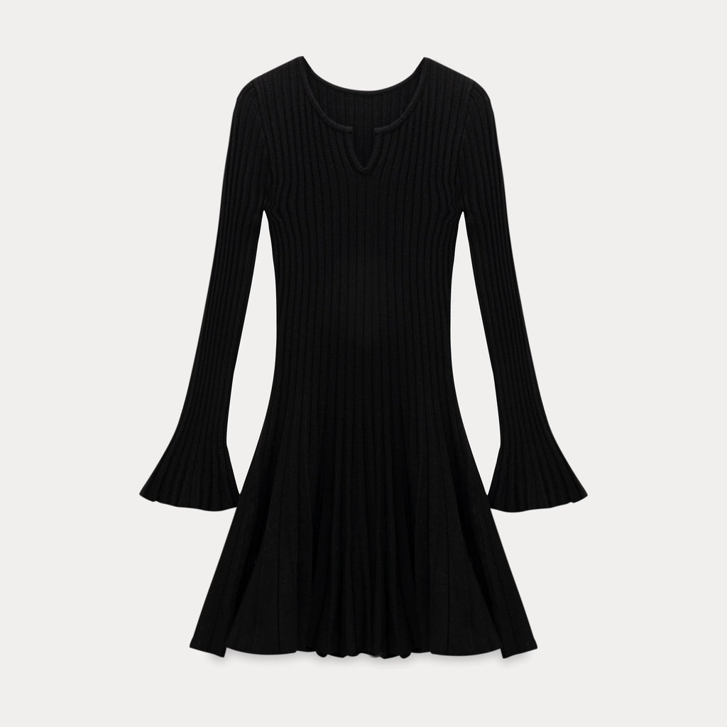 EGGKA V-neck Flared Sleeve Pit Strip Wool Dress