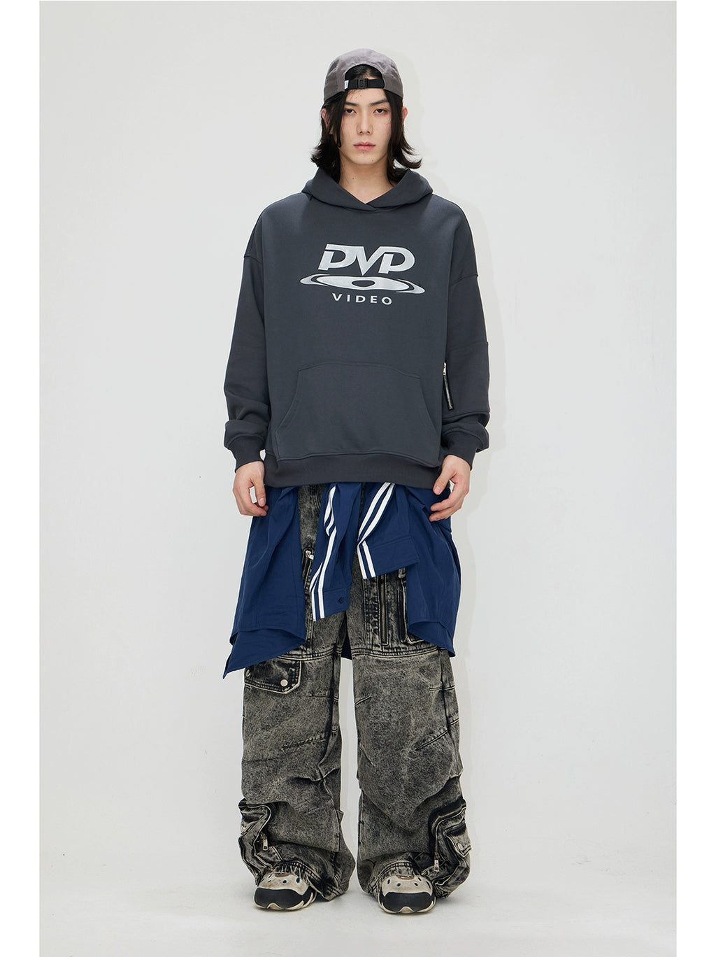 PEOPLESTYLE "DVD" Silicone Print Hidden Zipper Structure Hooded Sweater