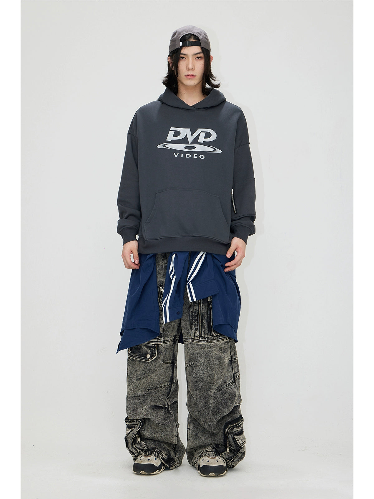 PEOPLESTYLE "DVD" Silicone Print Hidden Zipper Structure Hooded Sweater