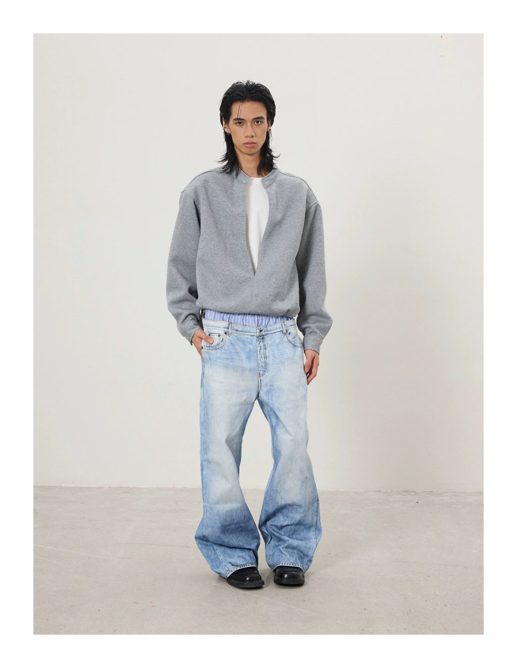 BTSG Retro 3D Printed Double Waist Striped Stitched Jeans