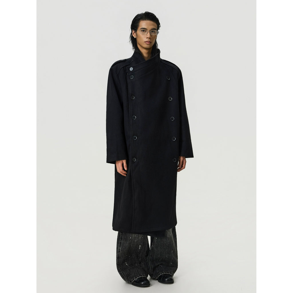 BTSG Double-breasted Stand-up Collar Long Woolen Coat