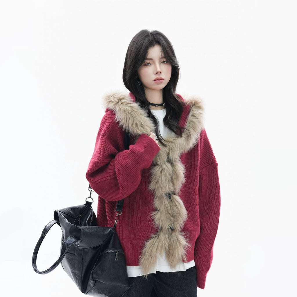 Zuocisankon Retro Big Fur Collar Hooded Knitted Sweater